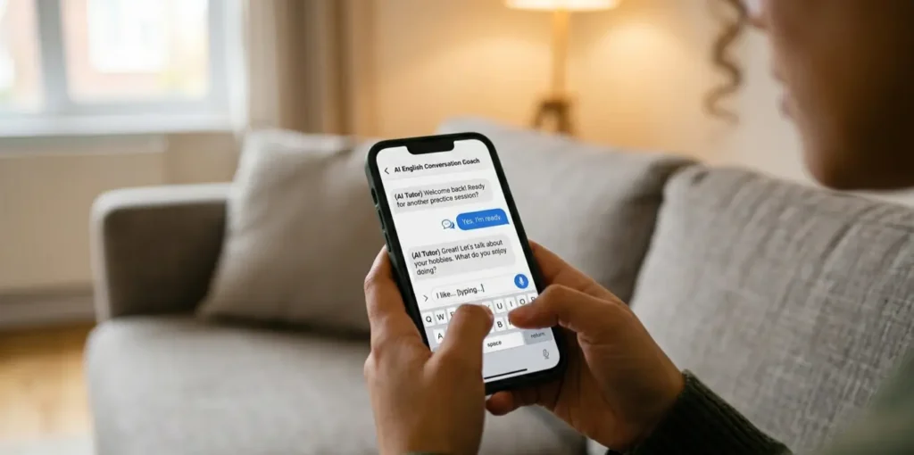 Hands holding a phone during an AI English conversation practice session