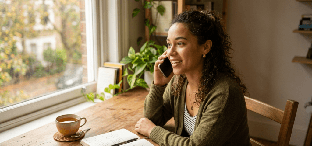 Person practicing daily English conversation with an AI tutor on their phone at a sunlit desk