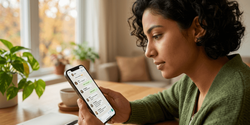 Person using AI English tutor chat on smartphone during a daily speaking practice session at home