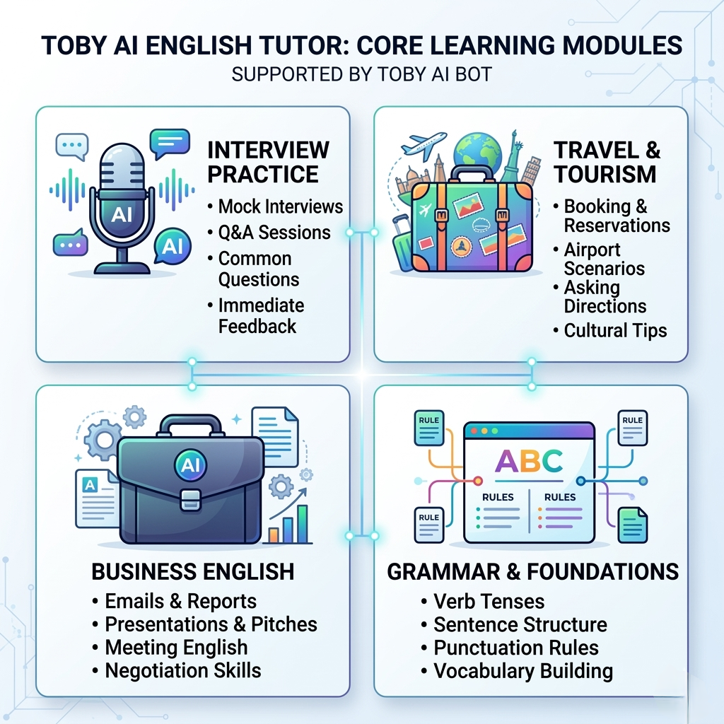 A clean grid layout of stylized icons representing various English learning modules (Interviews, Travel, Business, Grammar) supported by the Toby AI bot.
