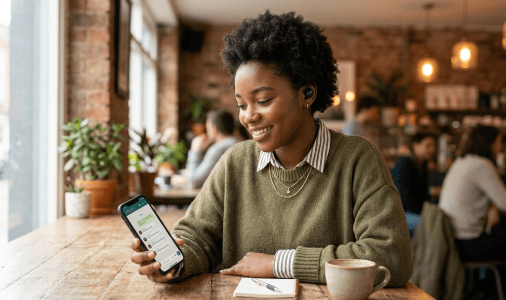 Young person smiling while practicing English conversation with an AI tutor on Telegram in a casual café setting