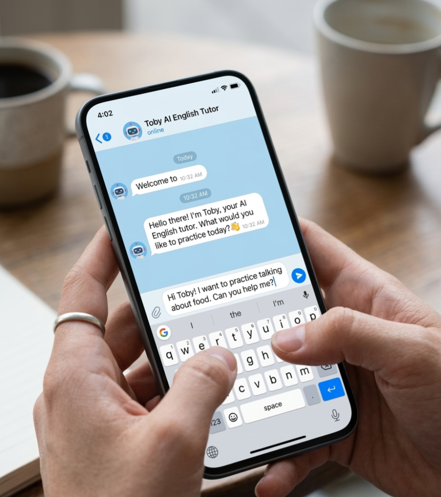 A detailed photograph of a user typing a message in the Telegram app, interacting with the Toby AI English tutor.
