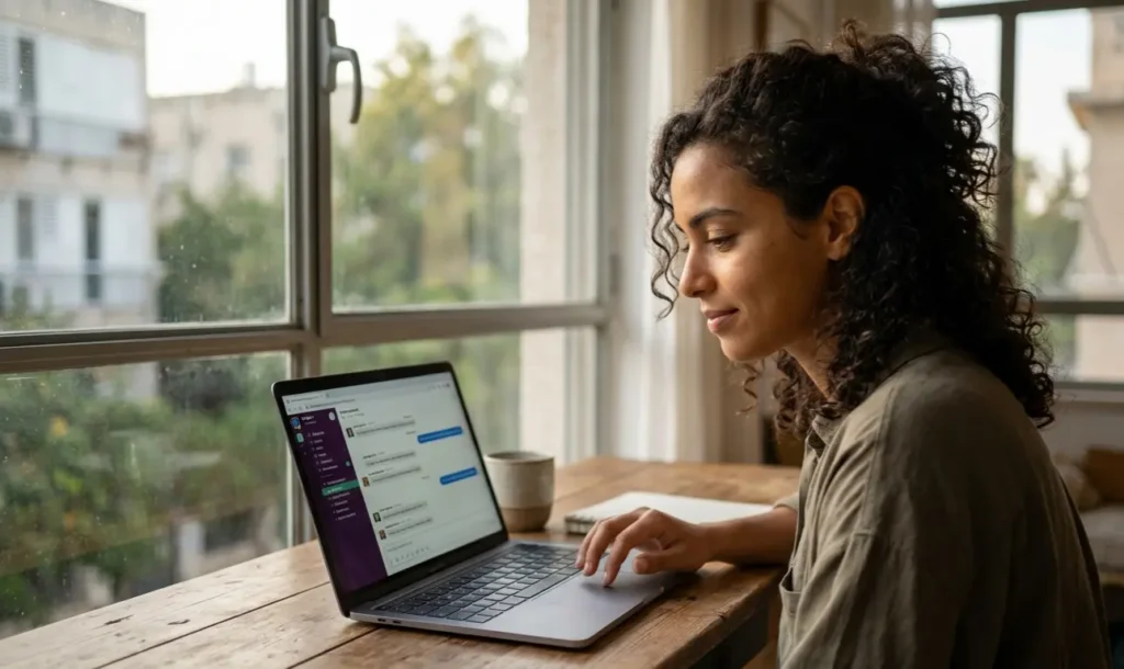 Confident English learner smiling at laptop practicing real English conversation to stop translating