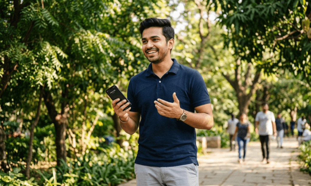 Confident young man practising English speaking daily outdoors — no cost, just habit