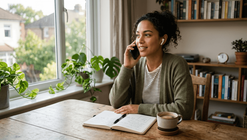 Person practicing daily AI English conversation on phone at desk with coffee and notebook