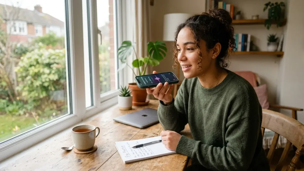 Person practicing English daily with AI on their phone at a home desk