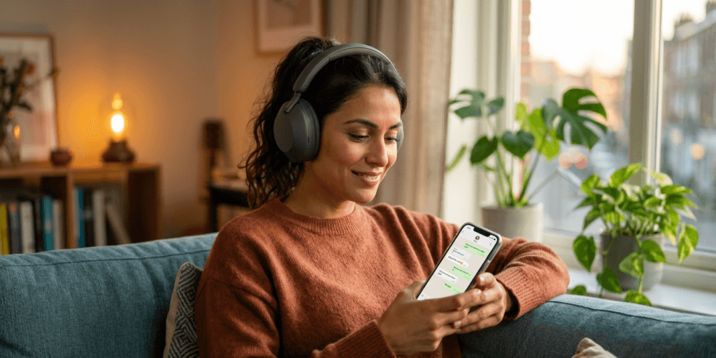 Person using an AI English tutor app on their phone at home with headphones on