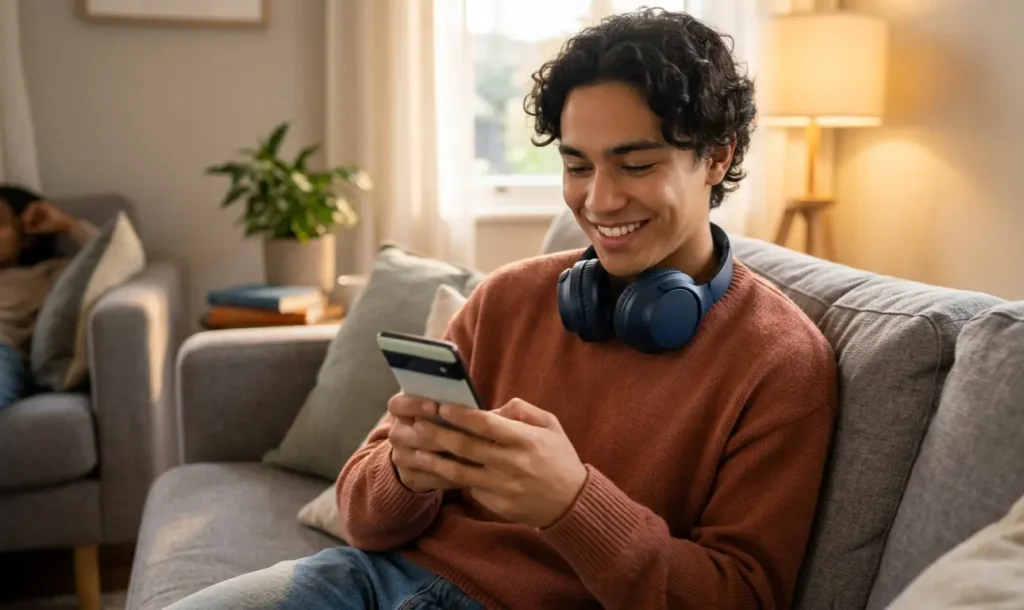Person practicing natural English conversation on messaging app, looking relaxed and confident
