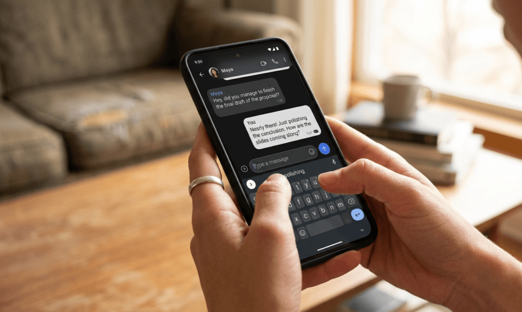Hands typing English conversation practice on smartphone with warm natural lighting