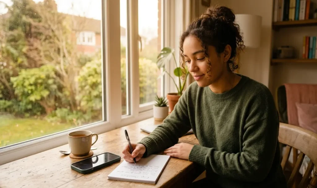 Person reflecting after daily English fluency practice session at home