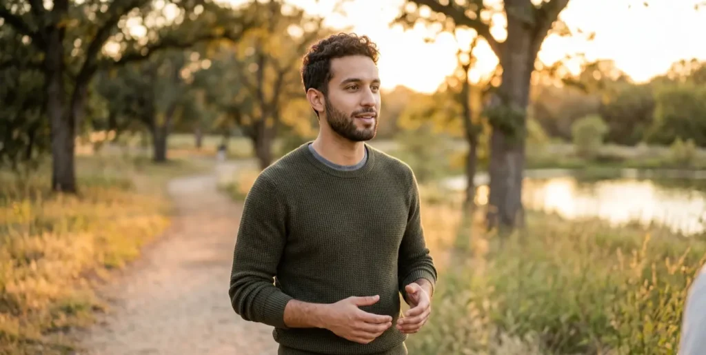 Person speaking confidently outdoors, representing progress in building English speaking confidence over time