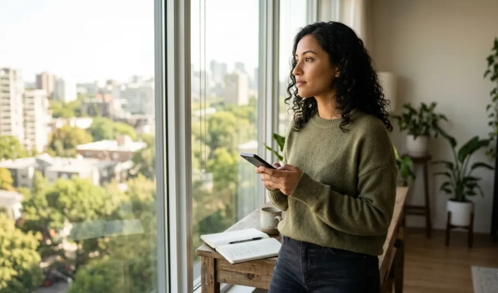English learner standing by window with phone, looking confident and motivated