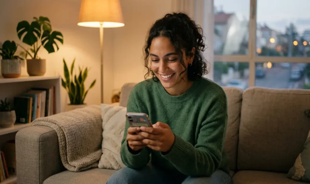 Shy English learner practicing speaking confidence with an AI tutor on their phone at home