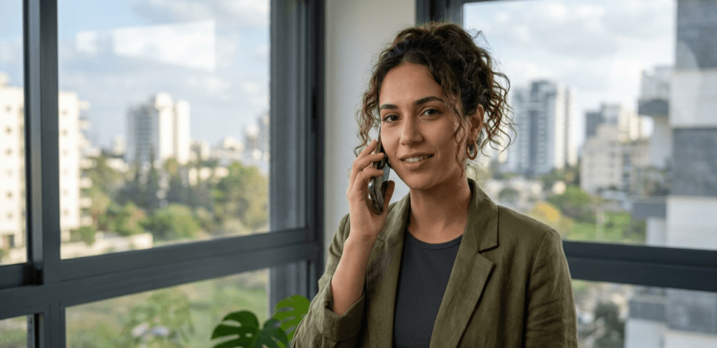 Confident person speaking in English on their phone near a bright window as part of a daily habit
