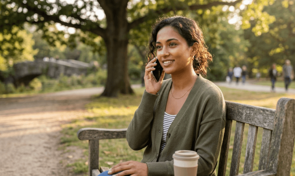 Confident person practicing English conversation outdoors on phone in soft golden afternoon light