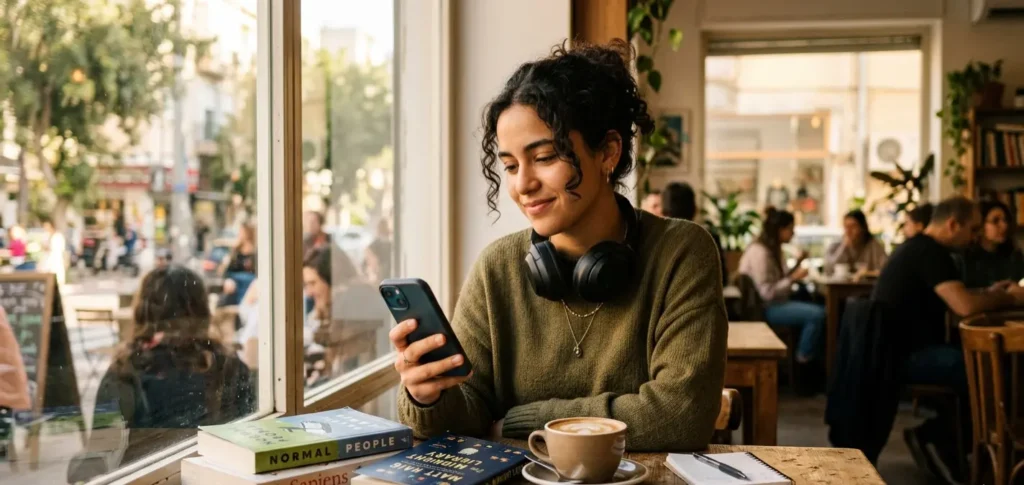 Shy English learner building speaking confidence alone at a café with phone and books