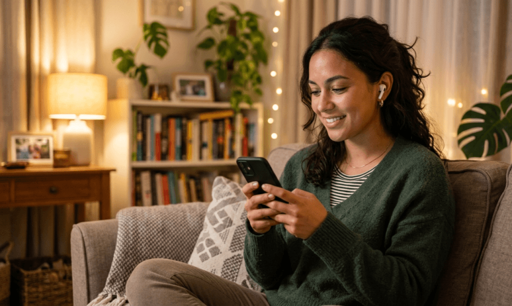 النص البديل: شخص يتدرب على التحدث بالإنجليزية عبر هاتفه باستخدام مدرّس ذكاء اصطناعي في بيئة منزلية مريحة