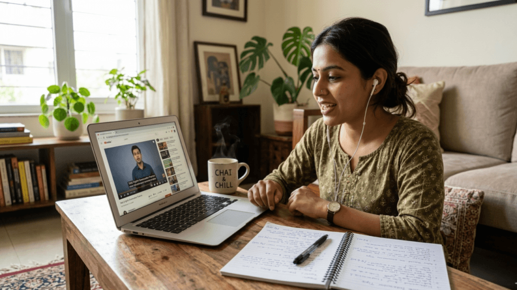 Woman practising English speaking by shadowing YouTube videos at home — free daily technique