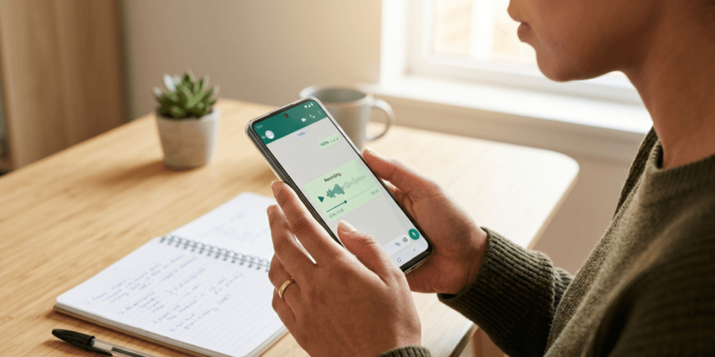 Person using a voice practice app on their phone at a home desk to improve English speaking