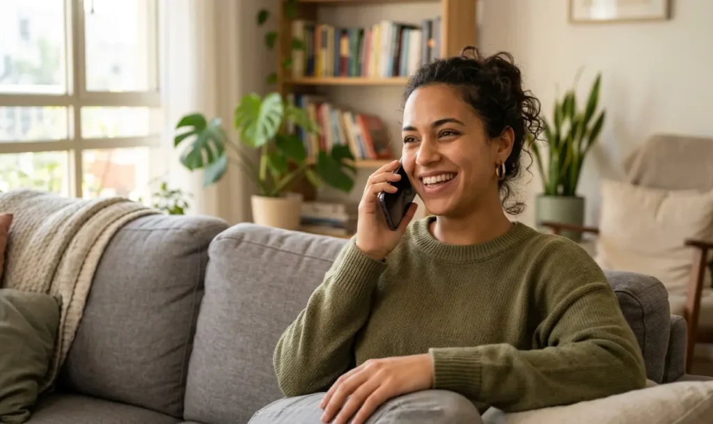 Person confidently practicing English speaking on phone using voice conversation practice tool