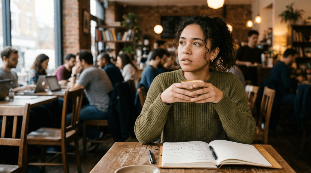 Person looking thoughtful while trying to speak English at a café, representing the feeling of freezing mid-conversation