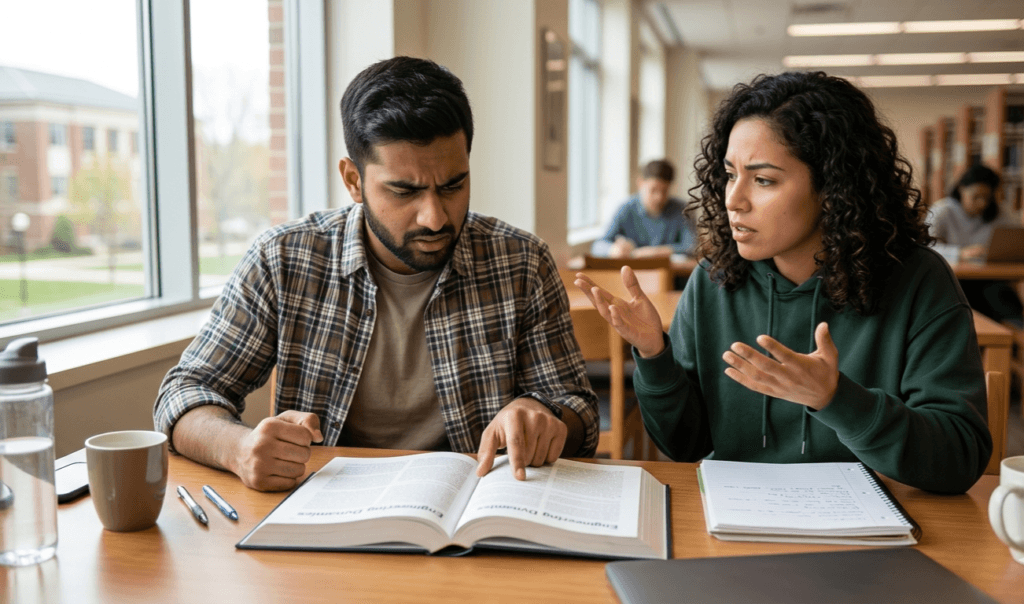 Two people debating grammar study versus speaking practice for learning English naturally