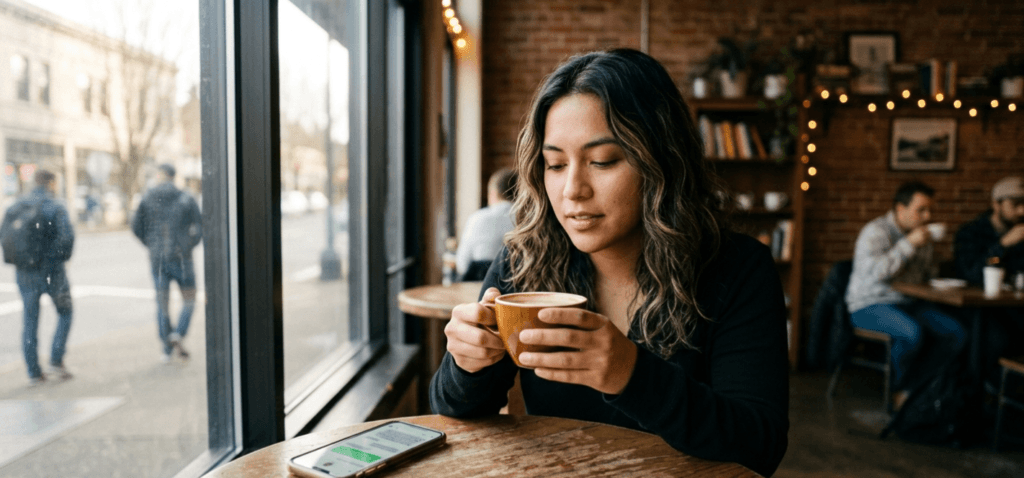 Person practicing English speaking alone at a café table with coffee and a phone nearby
