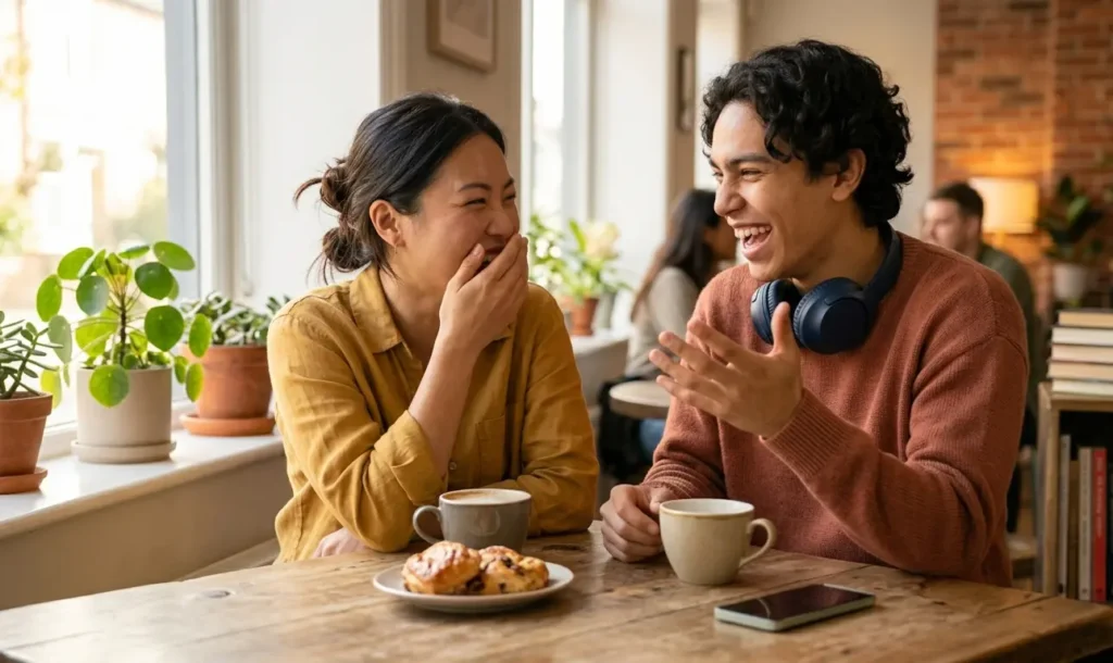 Two people from different backgrounds having a natural, relaxed English conversation and laughing together