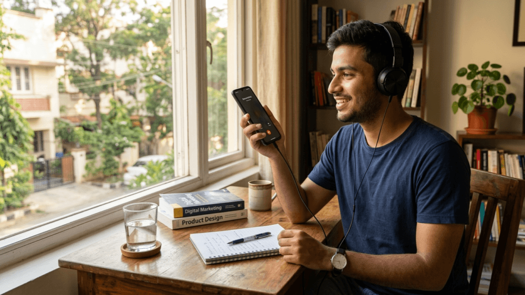 Young Indian man practising English speaking at home using his phone — free daily habit