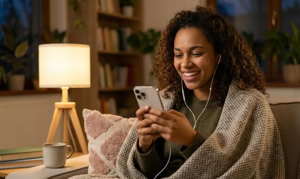 Person practicing real English conversation on phone, building speaking confidence through daily practice