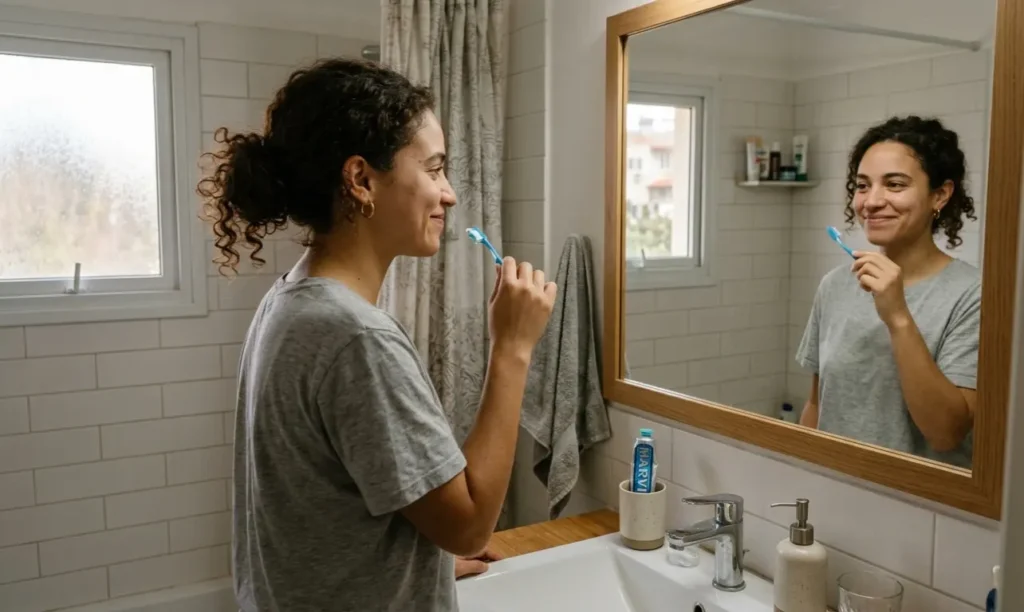 Person practicing English speaking alone in bathroom mirror, a useful technique for shy learners