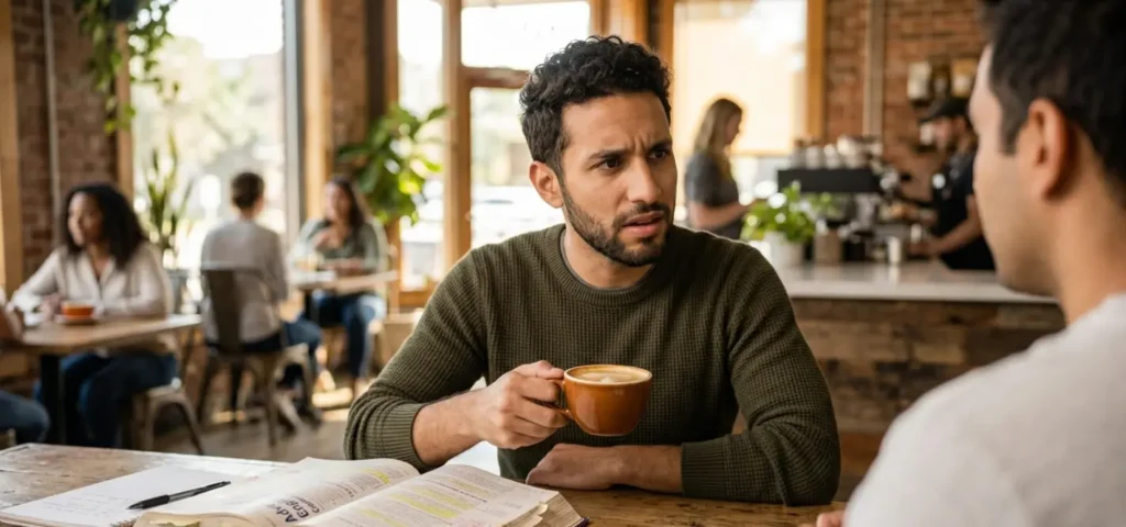 Person looking frustrated at textbook in café, trying to sound natural in English conversation