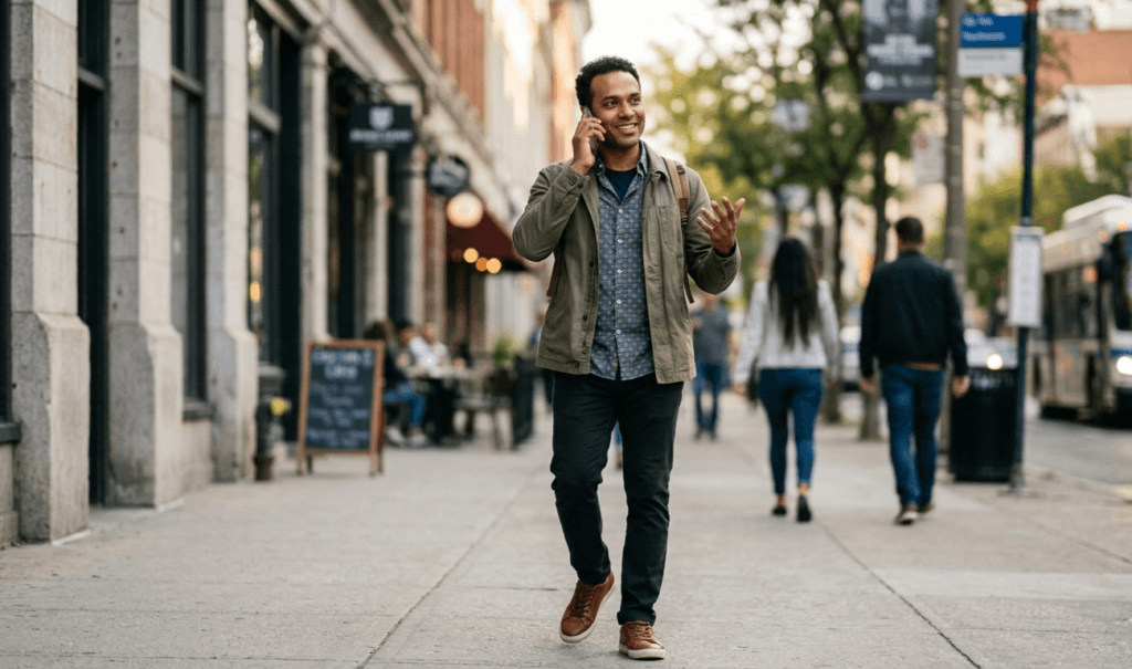 Confident person speaking English on a phone outdoors, showing the results of daily AI English tutor practice