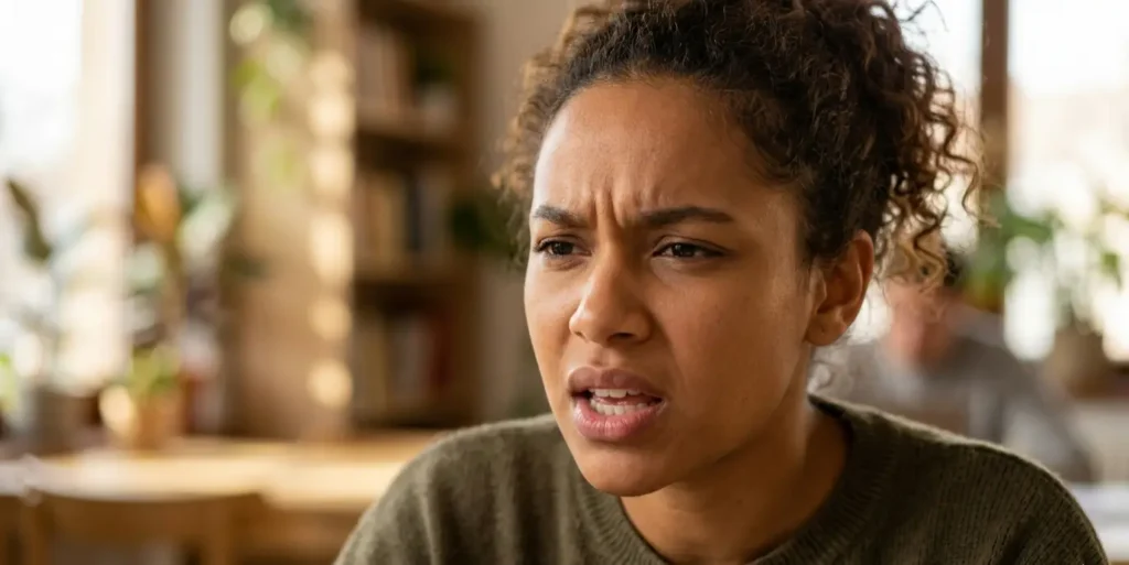 Person concentrating hard while trying to speak English, showing the mental effort behind language production