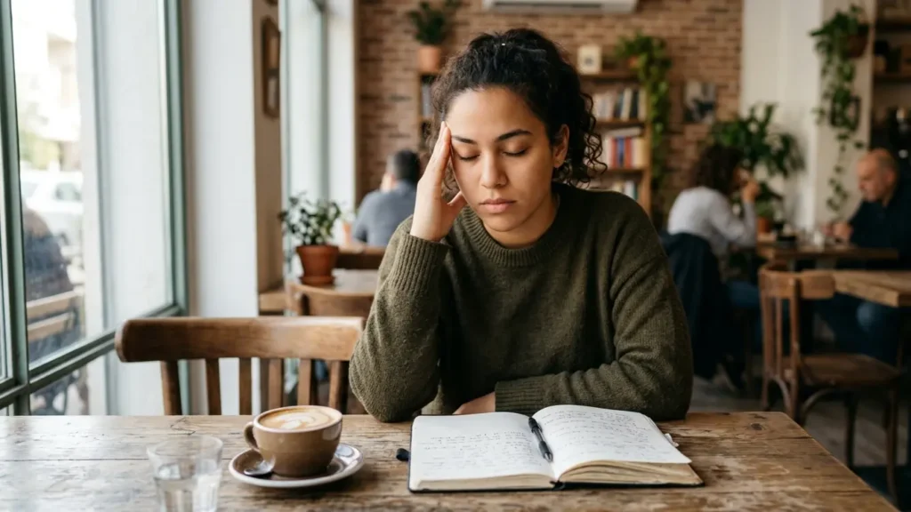 Person concentrating at café table trying to stop translating in their head while learning English