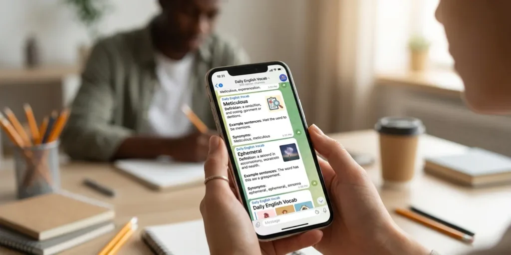 Hands holding phone with Telegram English learning channel open on screen
