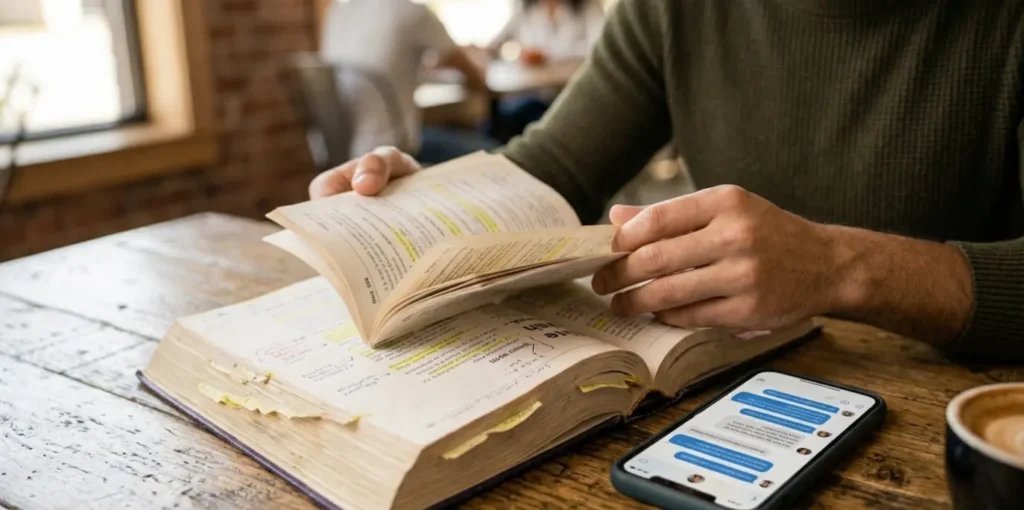 Hands comparing grammar textbook and real chat conversation, showing gap in natural English speaking