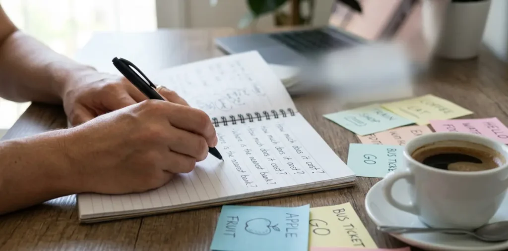 Hands writing English phrases in notebook to practice thinking in English without translating