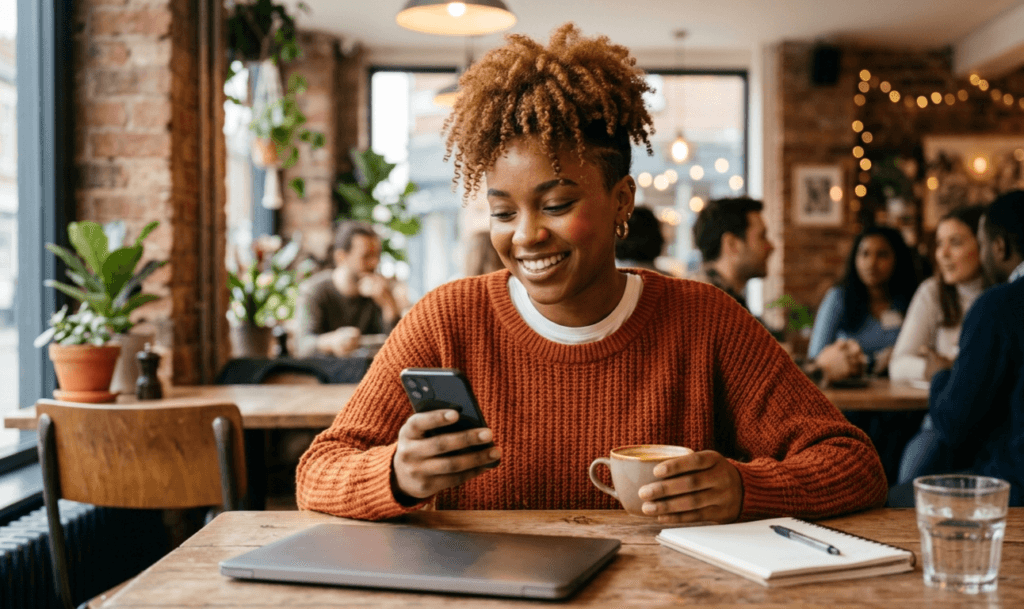 Person smiling while using AI English tutor app in café for daily conversation practice