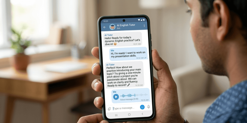 Toby AI English tutor on Telegram — free tool for daily English speaking practice