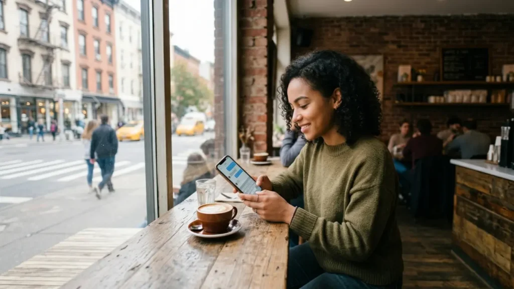 Person using Telegram on phone to practice English every day at a café