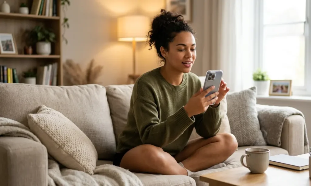 English learner practising speaking with an AI tutor on their phone to reach C1 level