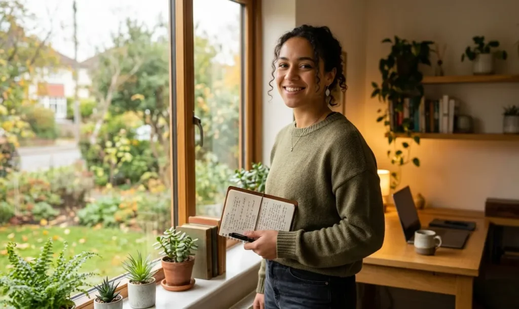 Confident English learner smiling near a window, representing the progress from B2 to C1 English