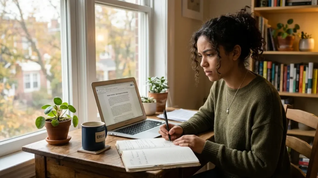 Person studying at a desk working on improving English from B2 to C1 level
