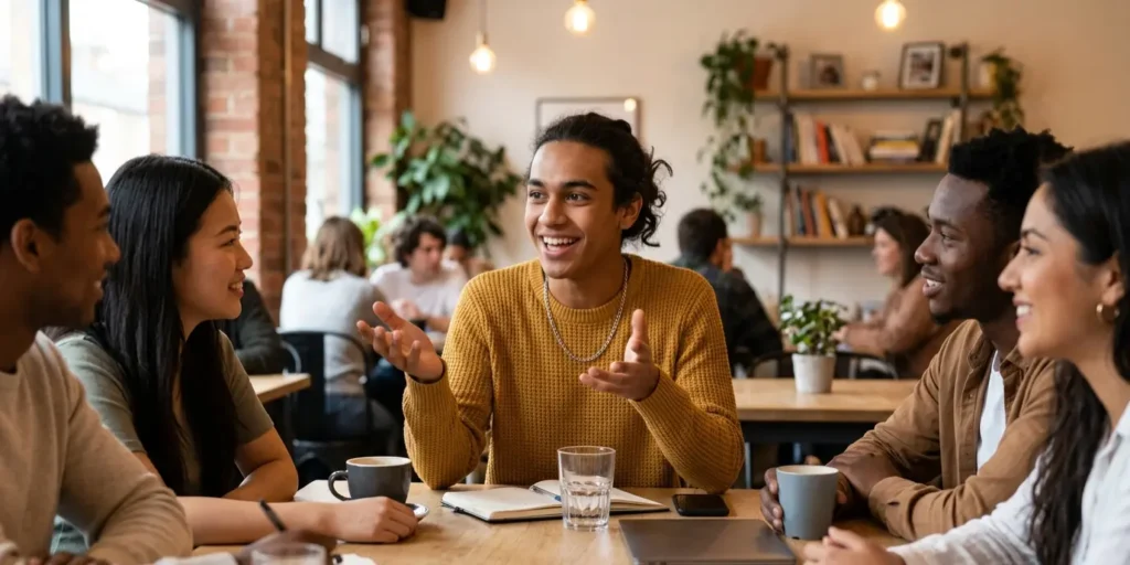 A confident English learner speaking naturally in a group, representing the C1 fluency level