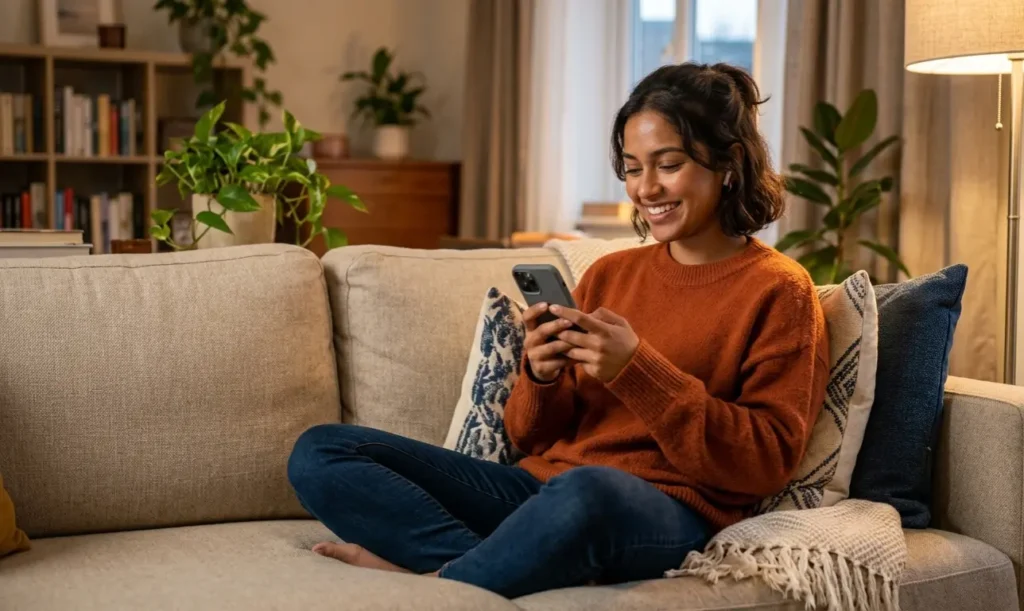 English learner practising speaking fluency with an AI tutor on their phone at home