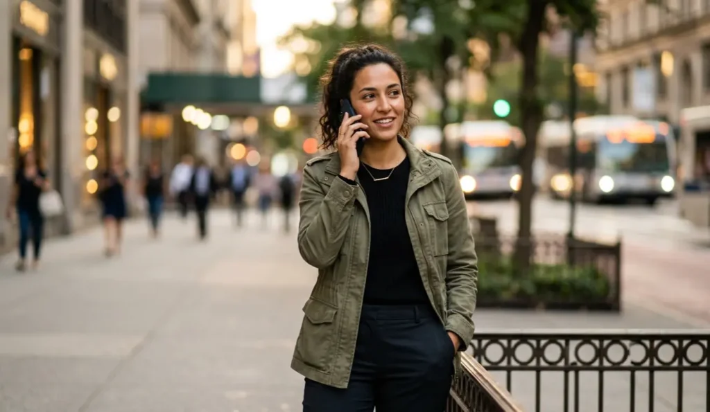 Confident English language learner speaking naturally in a real-world city environment