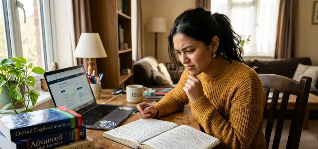 Person who knows English grammar rules but struggles with fluency, sitting at desk with notes