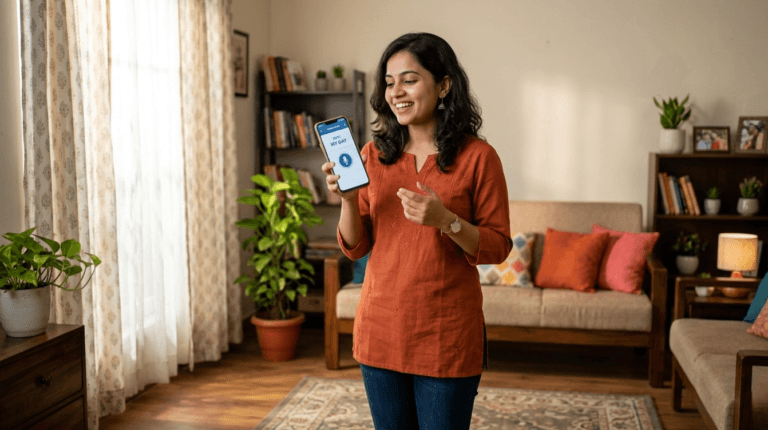 young woman practising English speaking alone at home using her phone