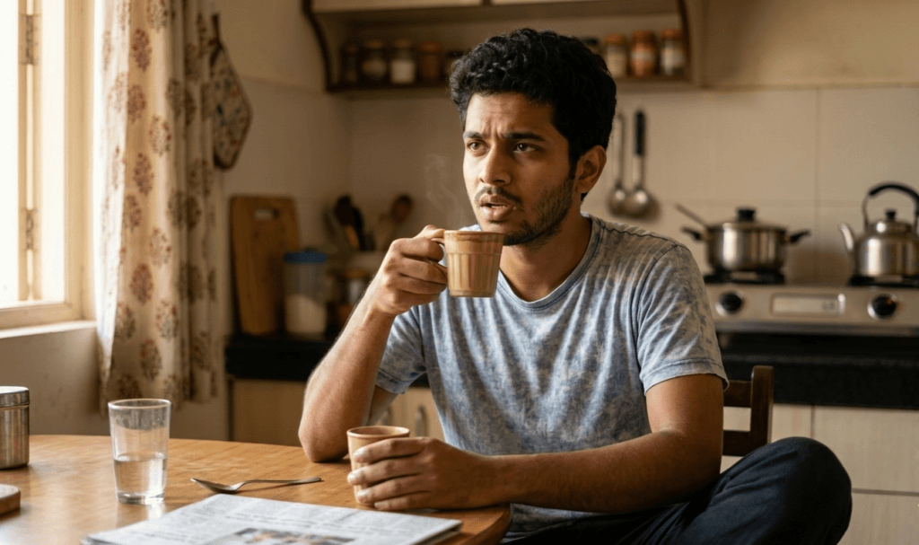 man practising English speaking alone at home during morning routine